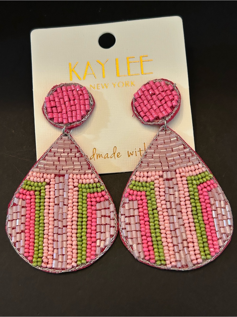 Pink Multi Color Hand Beaded Teardrop Boho Design Statement Drop Earrings